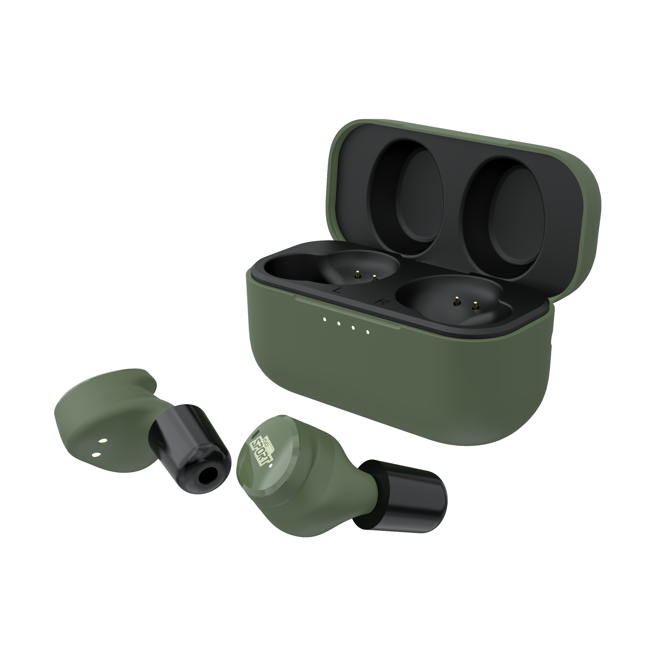 Green and black wireless earbuds with a matching black charging case.