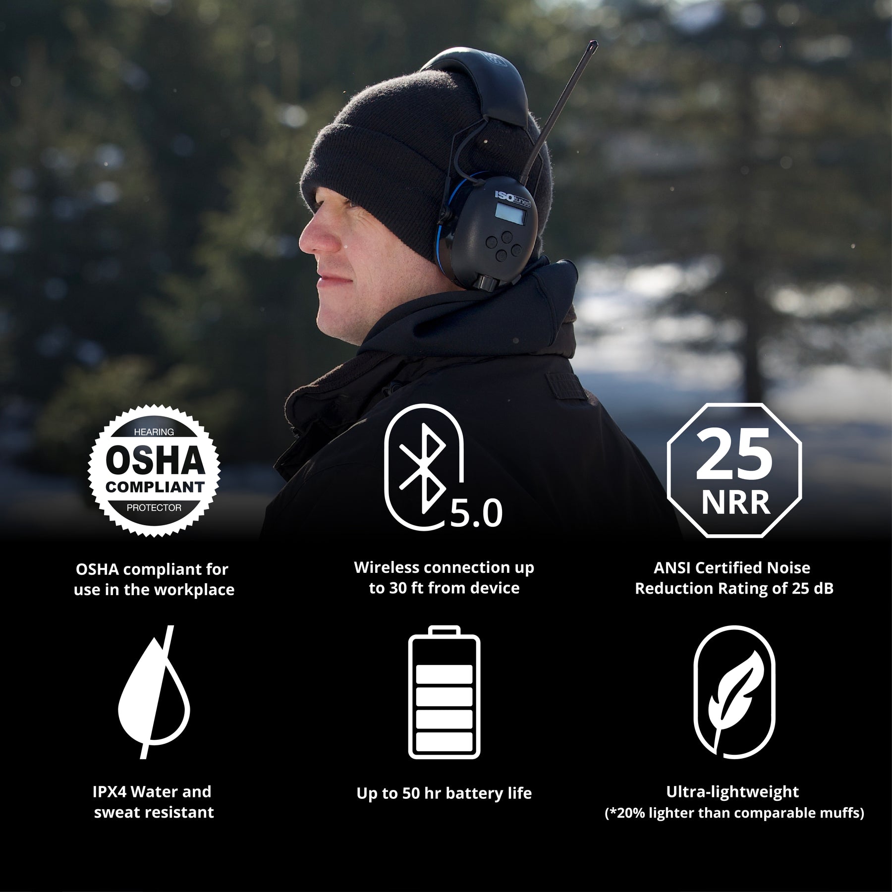 ISOtunes AIR DEFENDER AMFM BT Headphones for Hearing Protection Features Highlights
