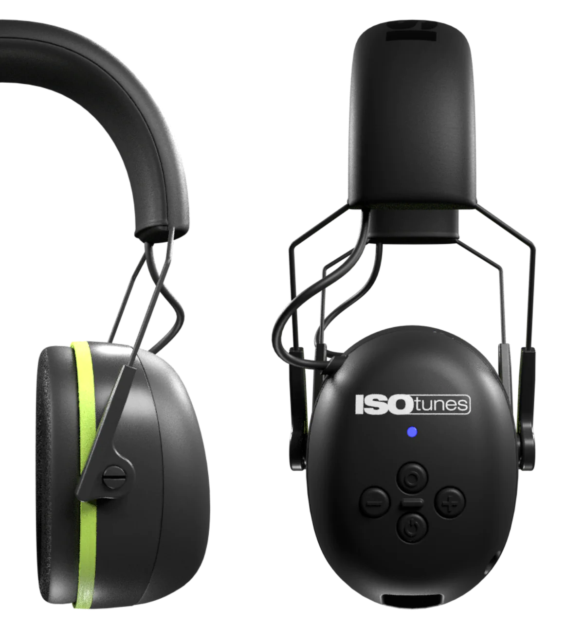 Green and black wireless earbuds with a matching black charging case.