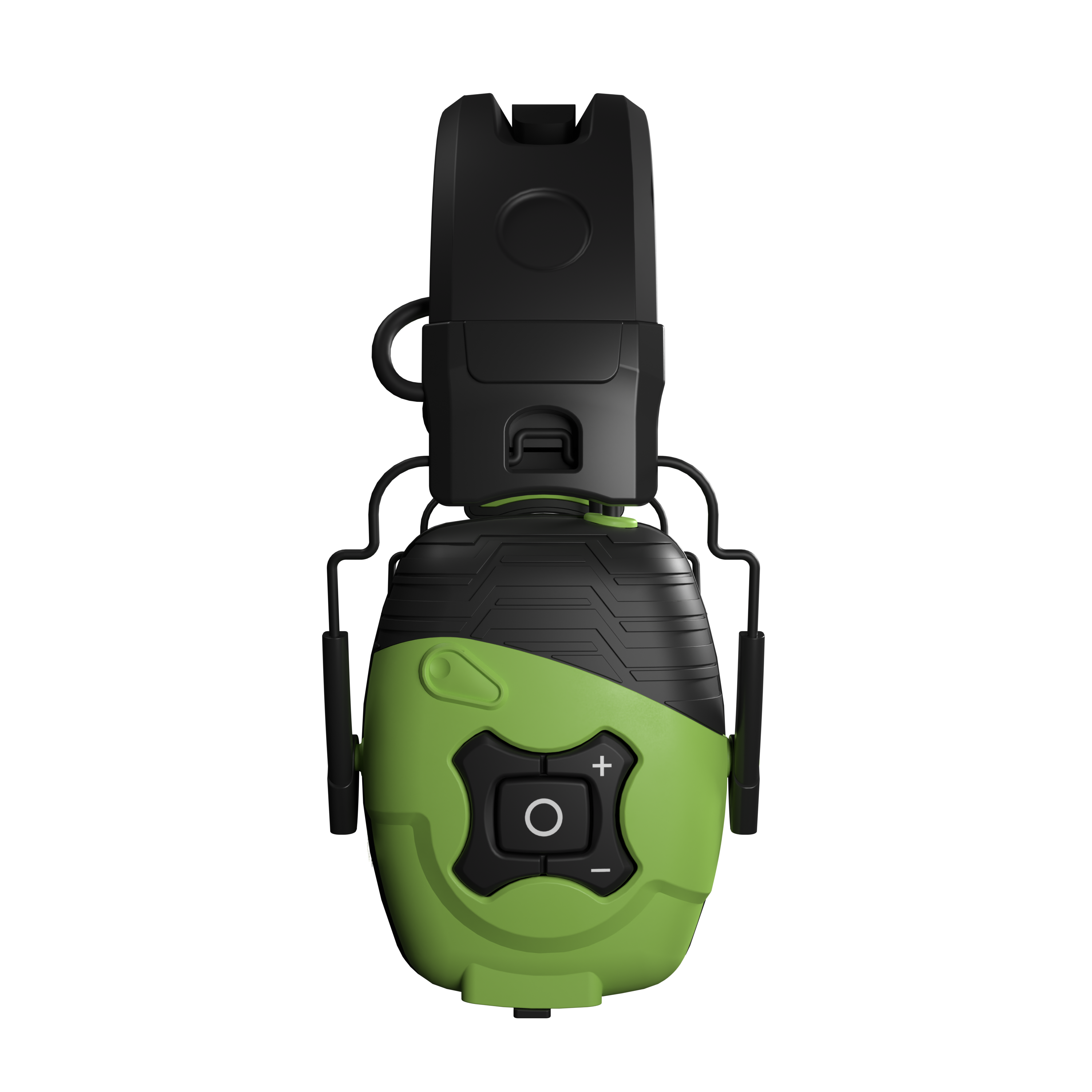 Green and black wireless earbuds with a matching black charging case.