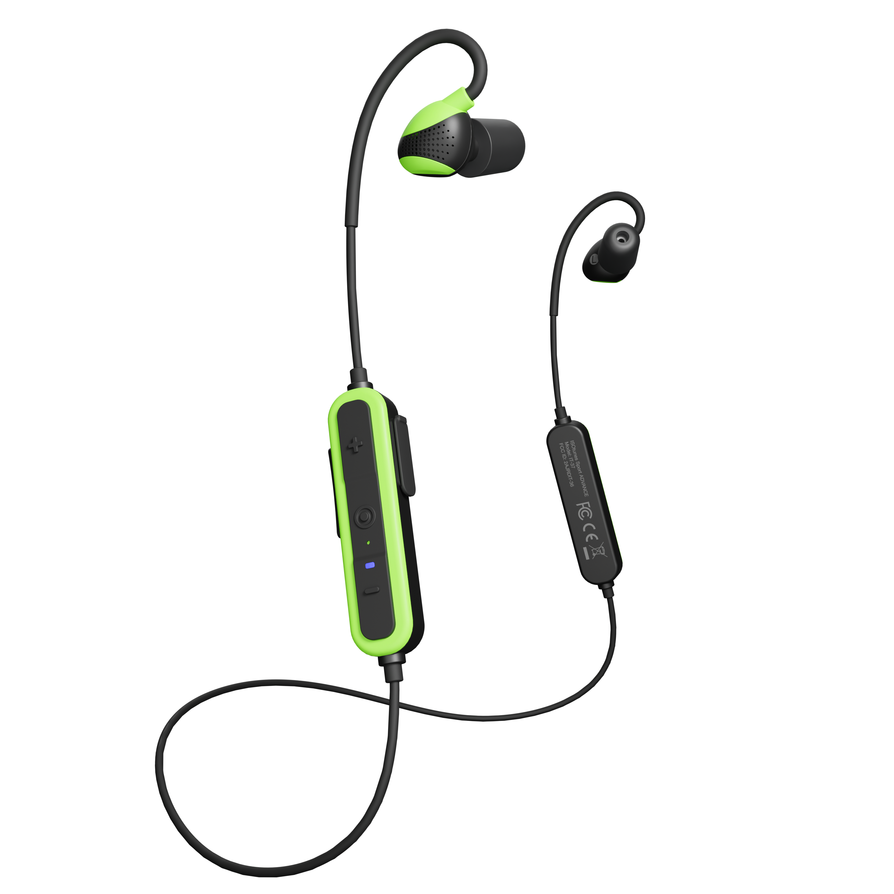 Green and black wireless earbuds with a matching black charging case.