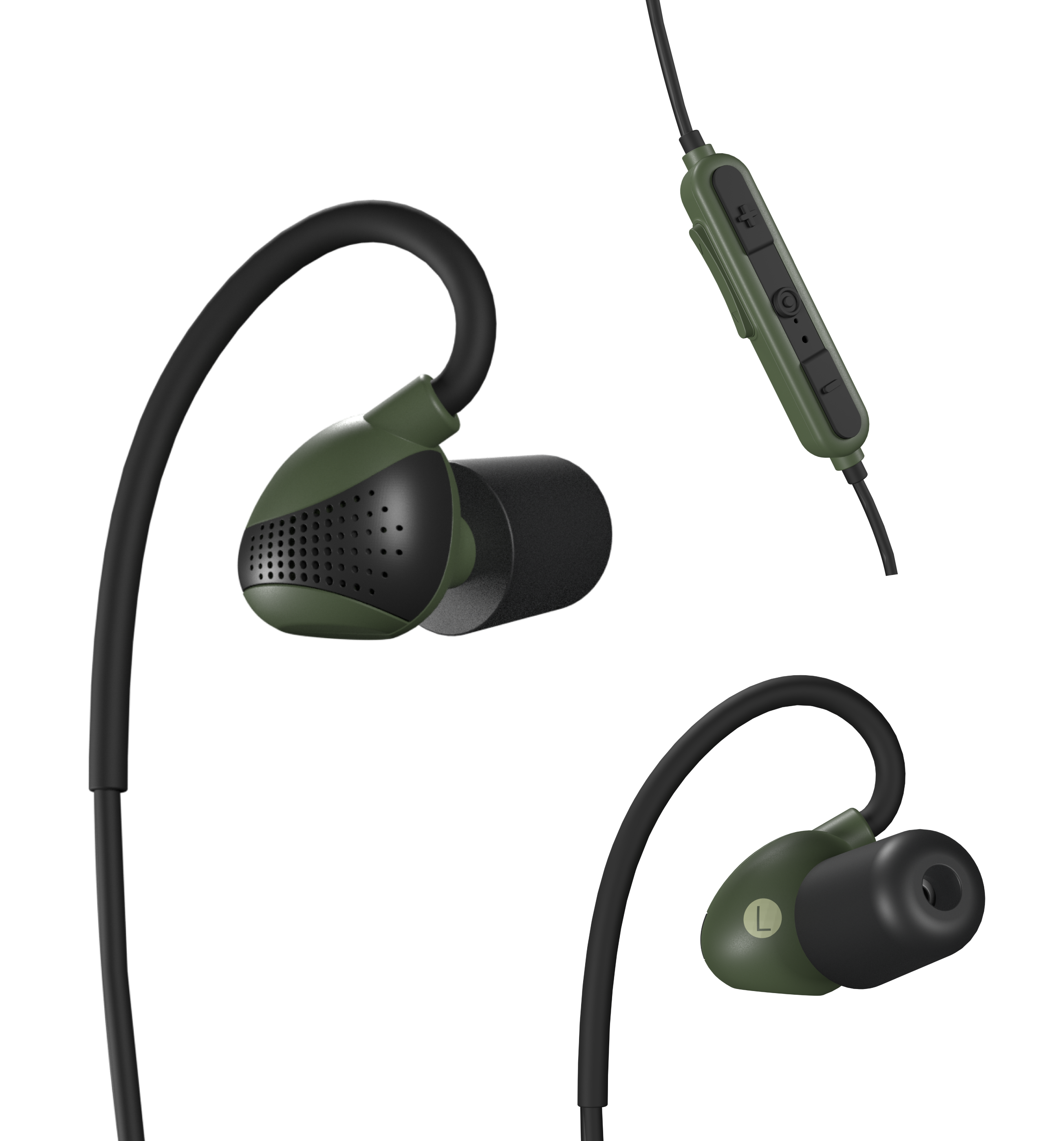 Green and black wireless earbuds with a matching black charging case.