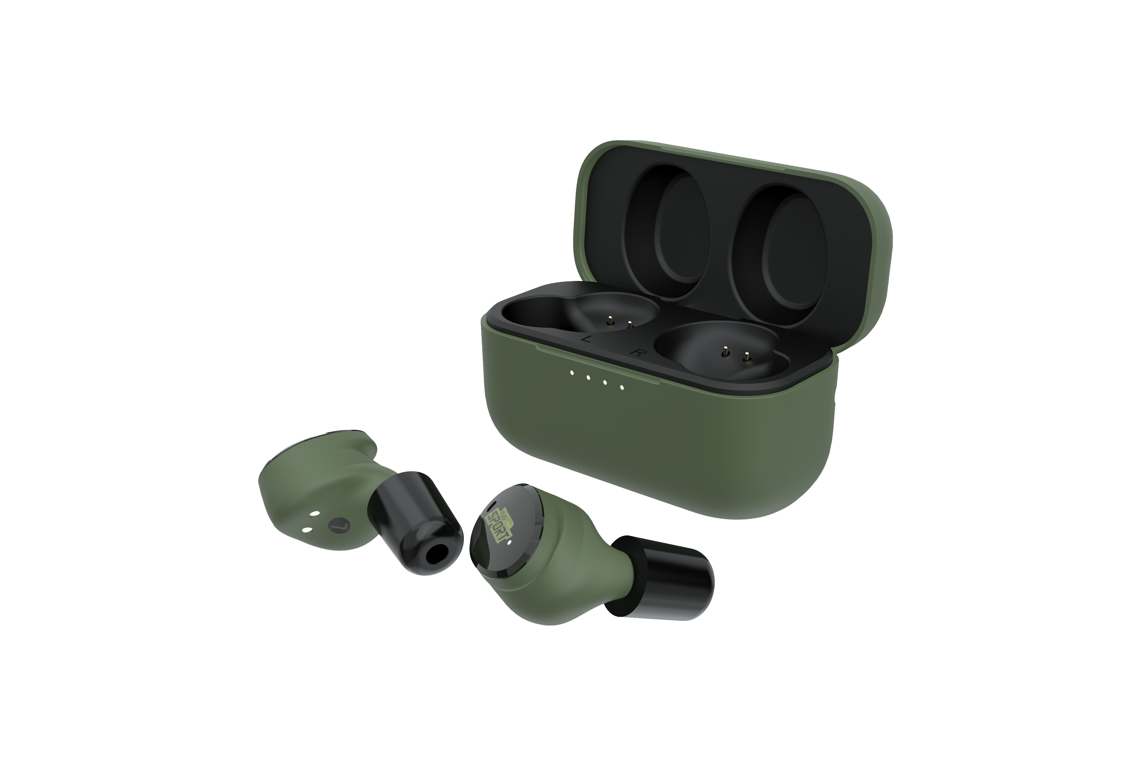 Green and black wireless earbuds with a matching black charging case.