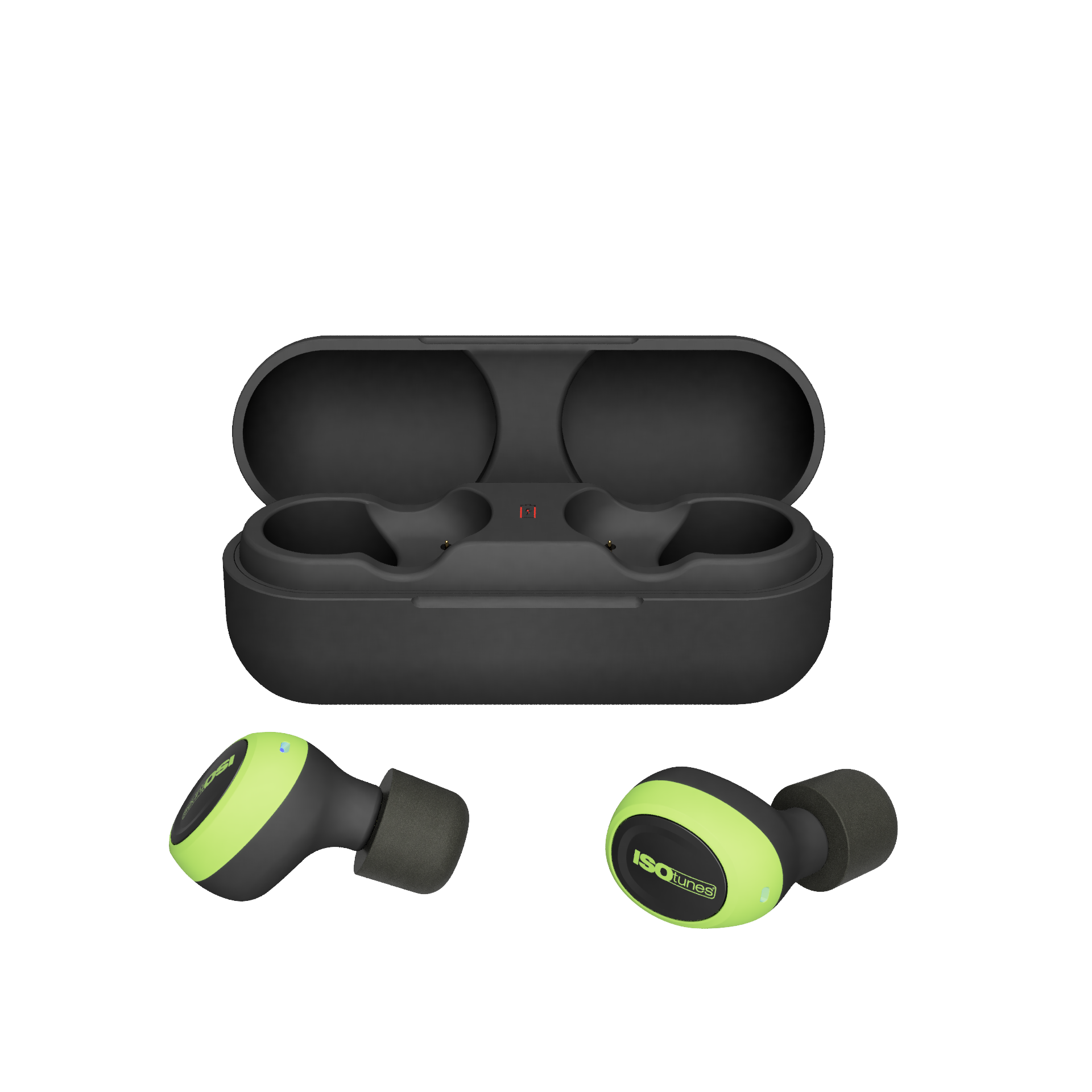 Green and black wireless earbuds with a matching black charging case.